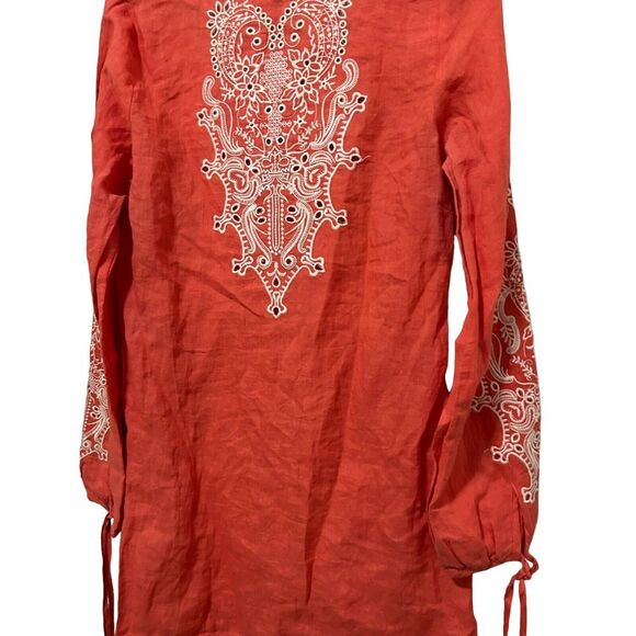 Monoreno Embroidered  100 % Linen Peasant Blouse Long Sleeve Salmon Red Small - Picture 11 of 15